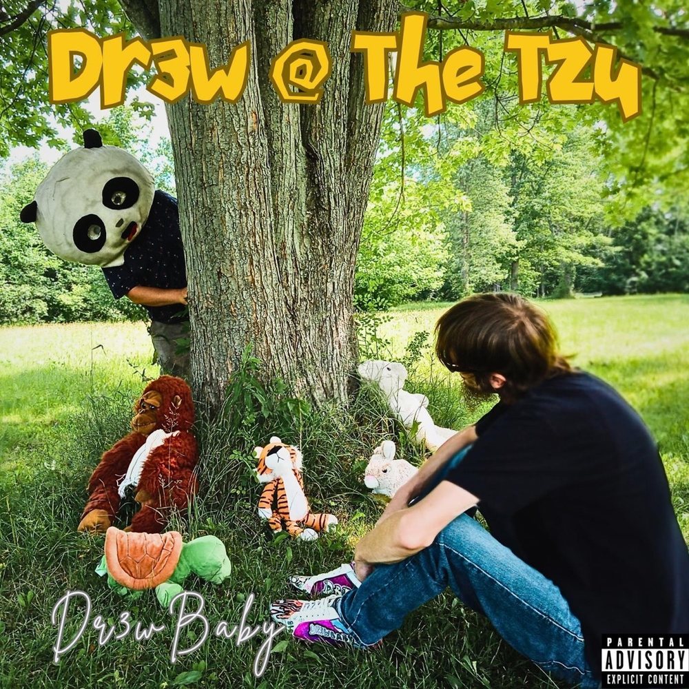 Dr3w @ The Tzu album cover: Dr3wBaby sitting under a tree with stuffed animals while a panda mask peeks out from behind the trunk